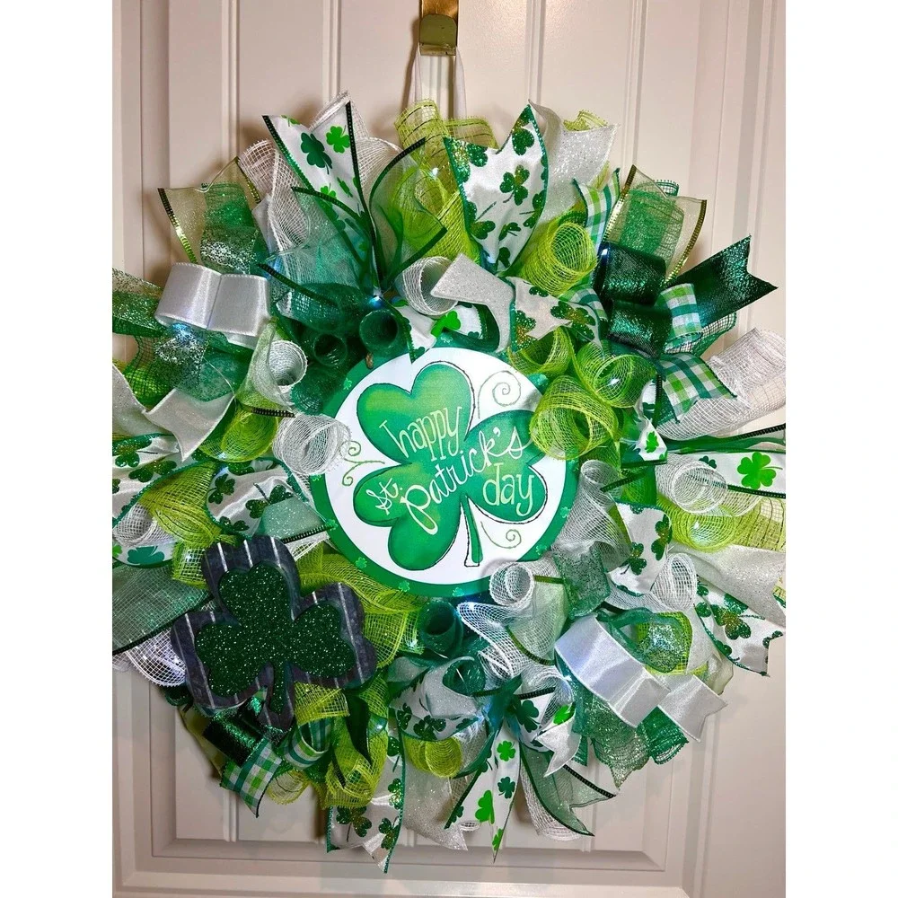 Handmade Happy St. Patrick’s Day Ribbon Prelit Wreath 22 ins LED W11